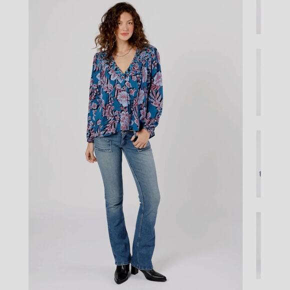 BAND OF THE FREE BOG JOSIE SAPPHIRE MIXED PRINT LONG SLEEVE TOP‎ V-NECK M - Picture 4 of 8